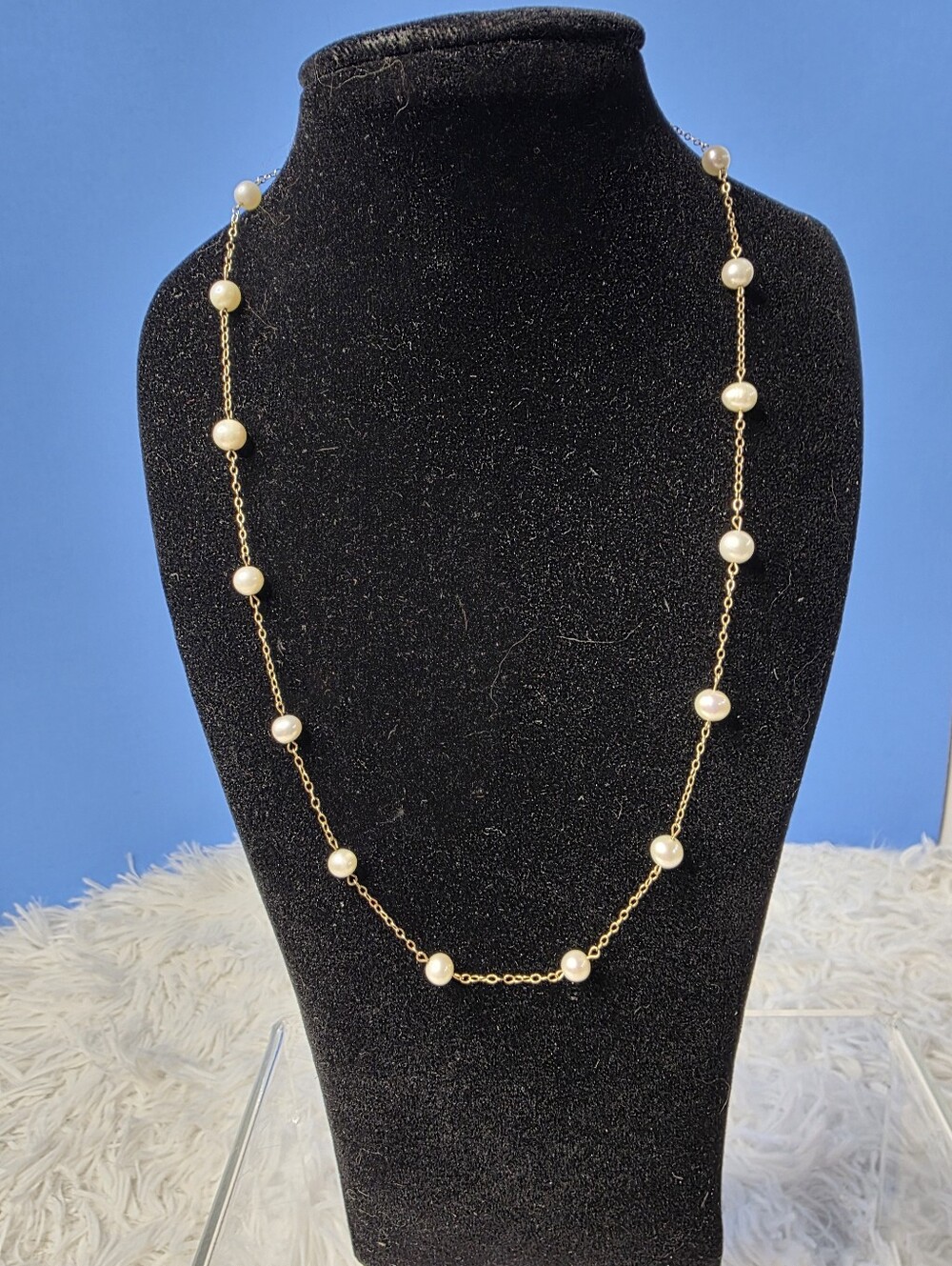 10K Yellow Gold Genuine Pearl Station Necklace